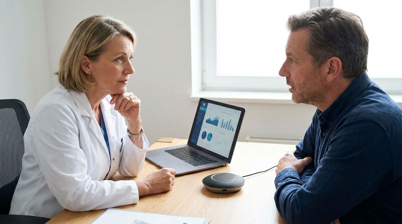 Médica escuta o paciente durante a consulta, com um notebook e um microfone de mesa entre os dois.