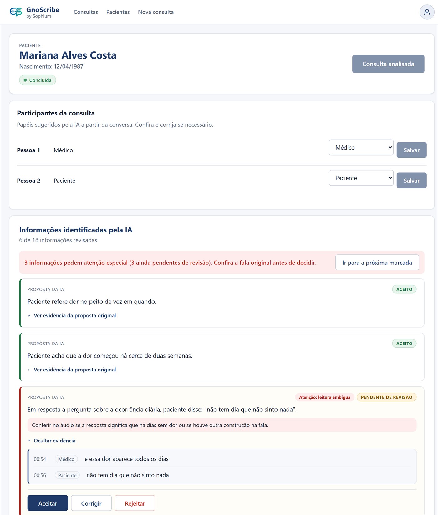 Tela de revisão do GnoScribe: participantes confirmados como Médico e Paciente, um resumo de três informações que pedem atenção e uma informação marcada como leitura ambígua, com as falas de origem abertas.